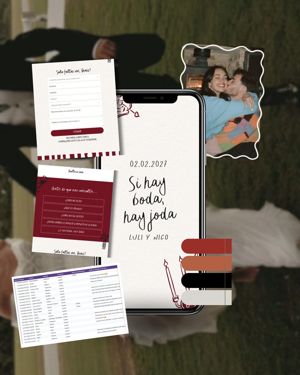 Invitación web modelo Relax de Luli y Nico en un celular, con el formulario de confirmación, las preguntas frecuentes y la planilla de respuestas de los invitados